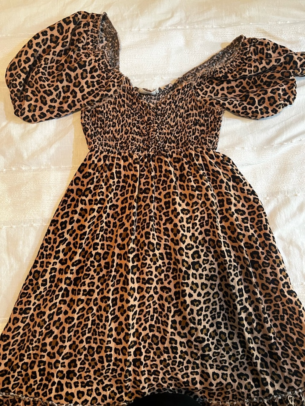 Girls Leopard Print Puff Sleeve Dress - Brown